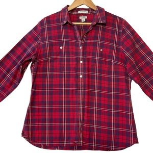 L.L. BEAN sz Medium Blouse Plaid Chest Pockets Full Button Front Hidden Buttons